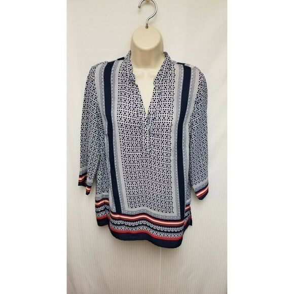 Adrienne Vittadini Women's Size Small Popover Printed Shirt Top Navy Blu… - Picture 3 of 7